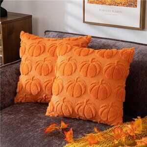 18"x18" Orange Pumpkin Soft Faux Fur Pillow Covers, Set of‎ 2 Fall Pillow Cover